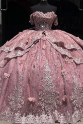Off-Shoulder Ball Gown with Beaded Appliques 3D Floral Ruffles and Sparkly Pink Tulle for Quinceanera & Sweet 16 Celebrations